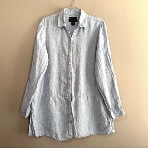 Tahari 100% Linen Blue Button Front Tunic Top Womens Medium Coastal Lagenlook